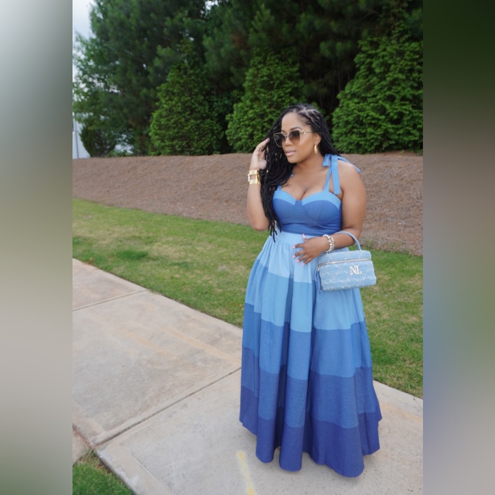 Blue Tiered Maxi Skirt Dress with Tie Straps
